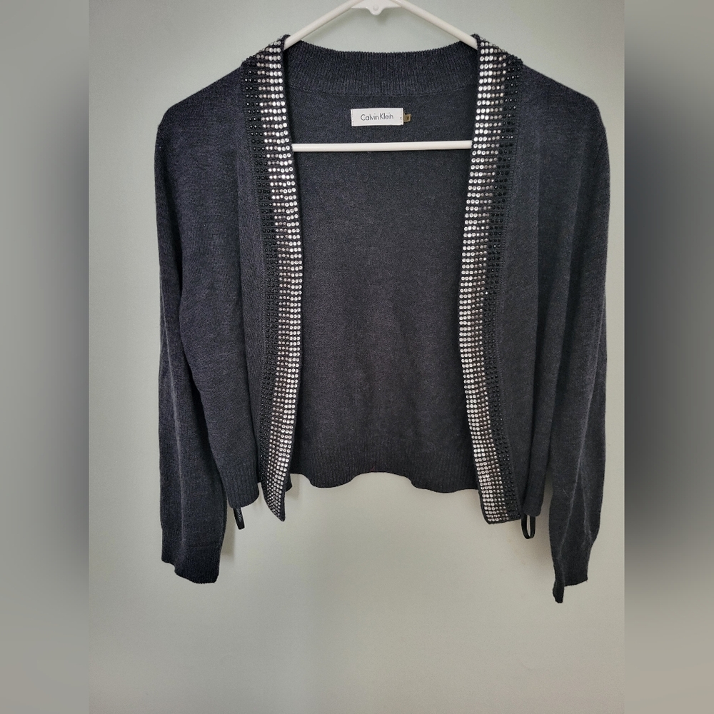 Calvin‎ Klein Women Embellised Gray Cropped Bolero Open Front Sweater Cardigan